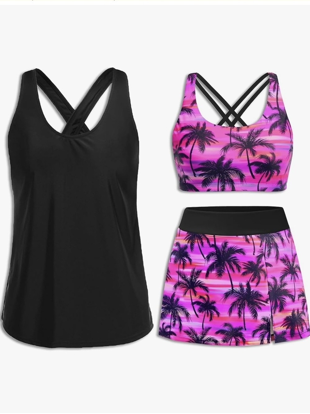 Women’s Black & Pink Palm Print Swim Set - 3-Piece